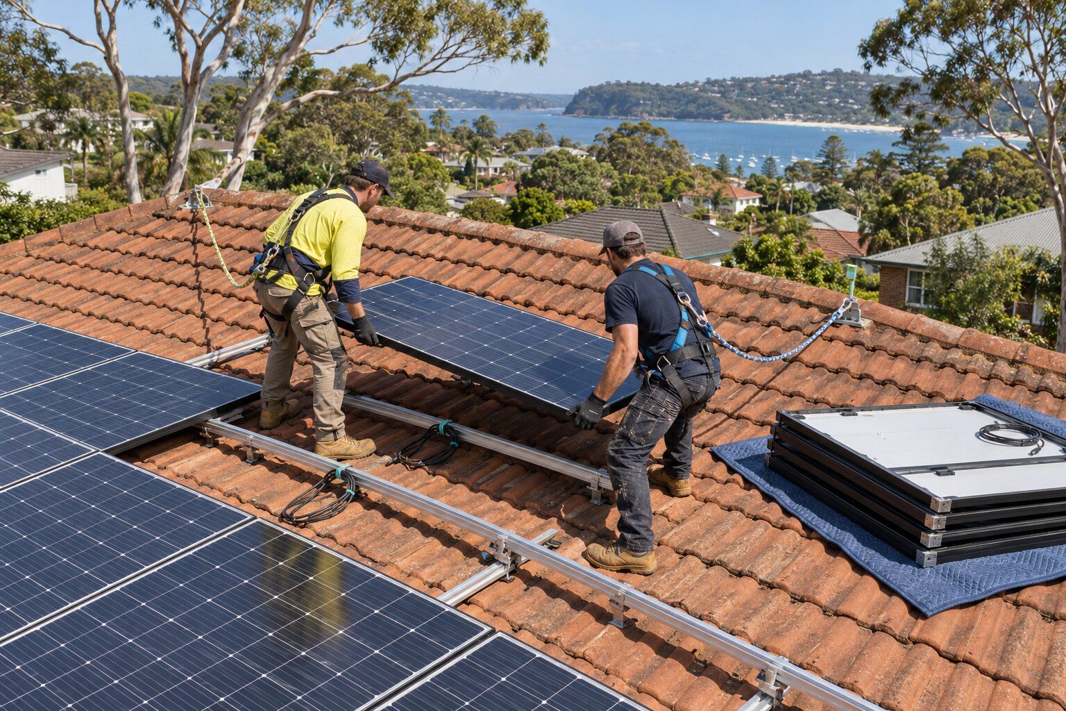 Solar panel removal for re-roofing, Northern Beaches: two harnessed workers lifting a panel off its rails on a terracotta tile roof