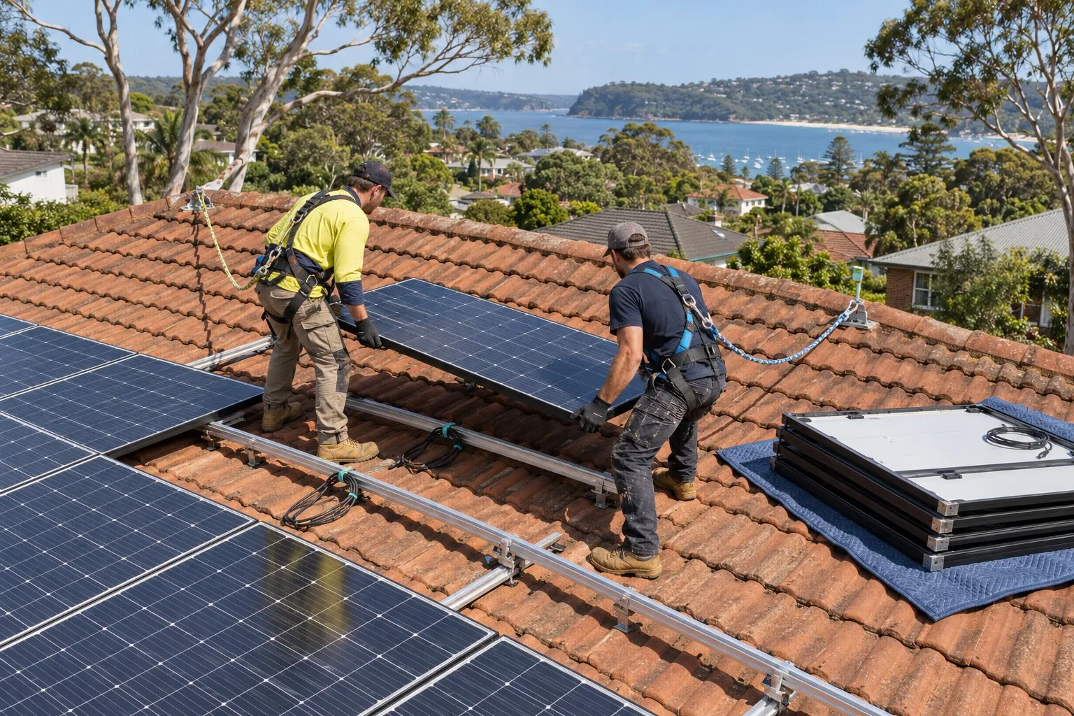 Solar panel removal for re-roofing, Northern Beaches: two harnessed workers lifting a panel off its rails on a terracotta tile roof