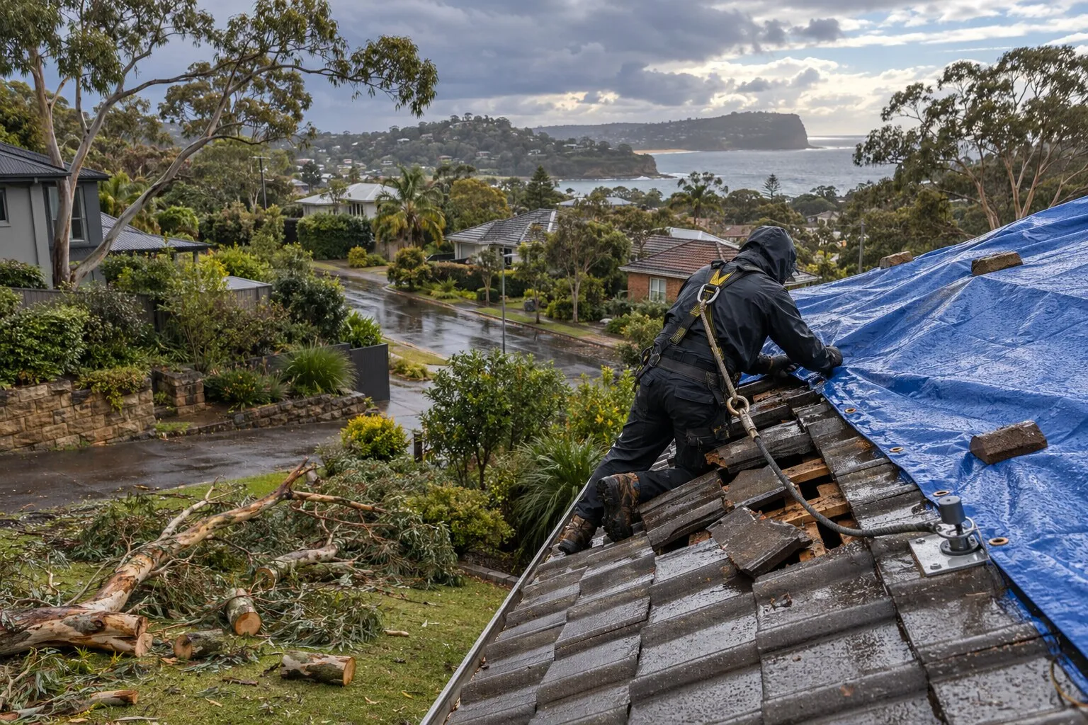 Storm damage roof repair, Northern Beaches: roofer in a harness pulling a tarp over broken concrete tiles, a fallen gum tree in the yard below