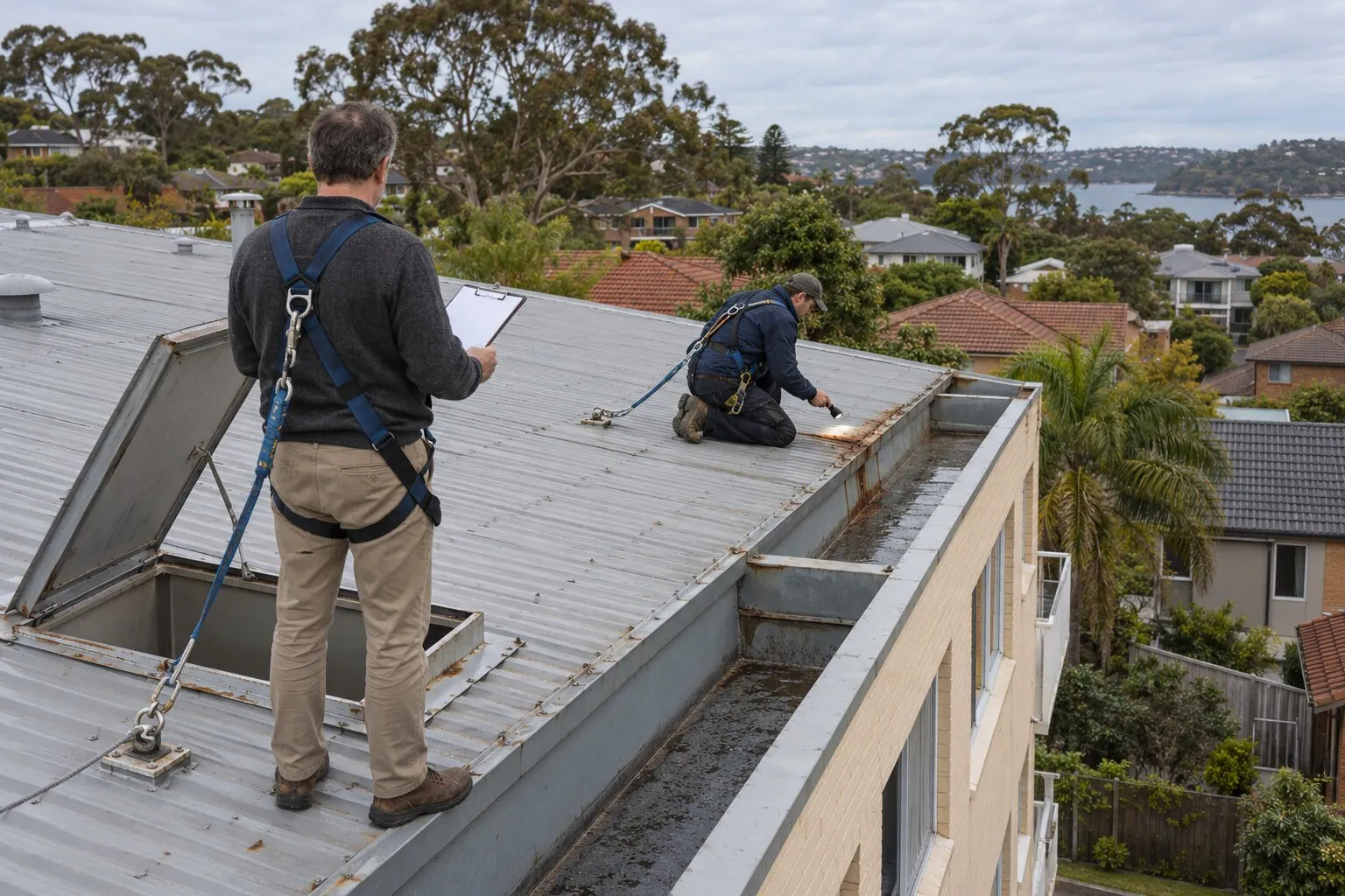 Strata roof leak, Northern Beaches: roofer inspecting a rusted lap beside a box gutter on the metal roof of a walk-up unit block