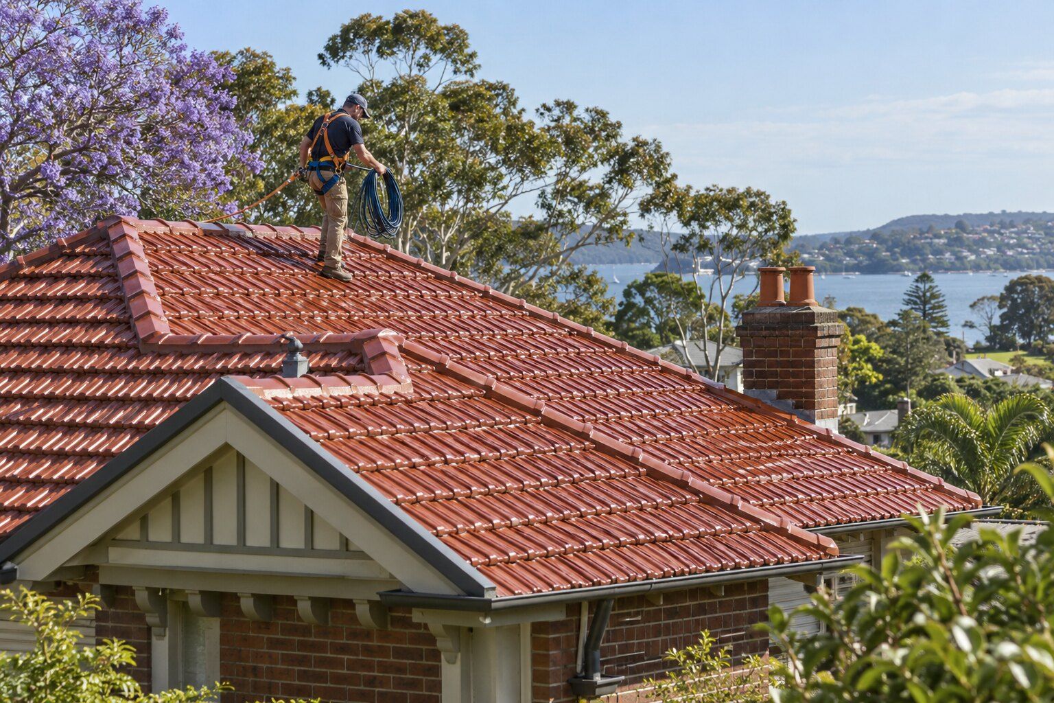 Roof restoration, Northern Beaches: roofer in a harness coiling a hose on a glossy terracotta tile roof, with the water beyond