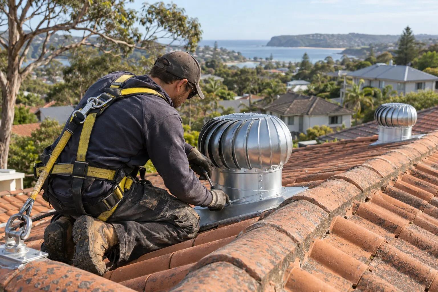 Whirlybird repair, Northern Beaches: roofer tightening the base flashing of a spinning roof ventilator on a terracotta roof